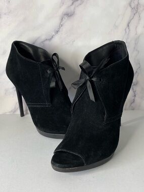 Burberry Black Suede Peep-Toe Ankle Booties with Ribbon Tie